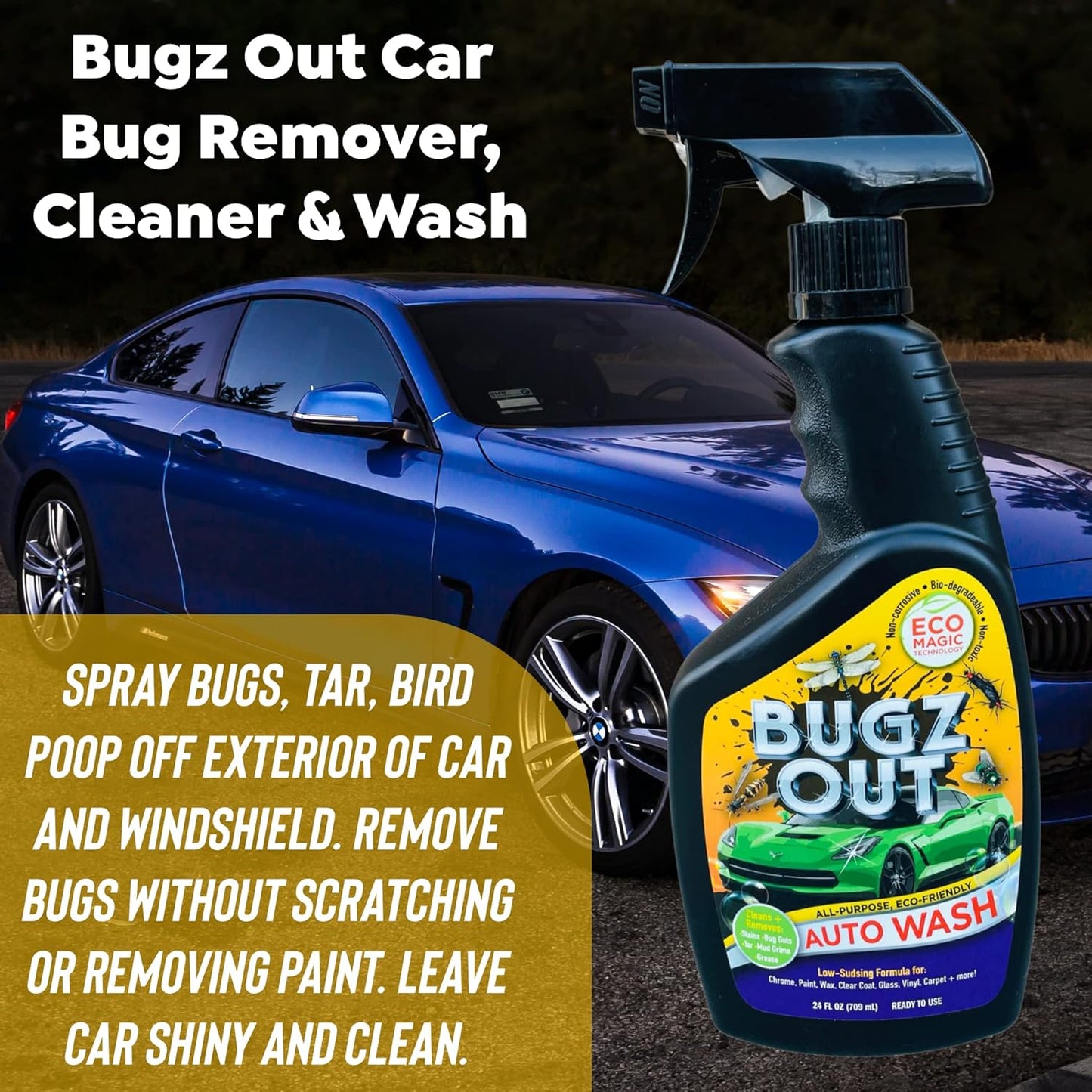 Car Bug Cleaner, Remover & Wash - Spray Bugs, Tar, Bird Poop Off Exterior of Car & Windshield. Remove Black Streaks Without Scratching or Removing Paint. 24 oz bottle w/ Microfiber Cloth