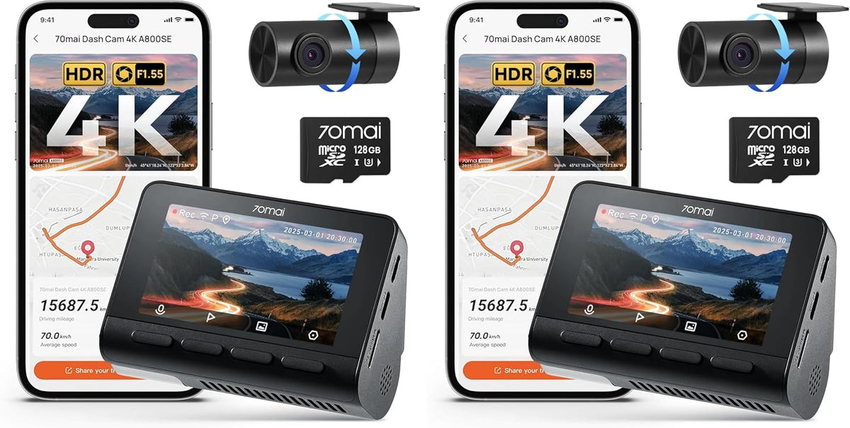 70mai 4K Dash Cam Front and Rear, Built in Wi-Fi 6 & GPS Car Camera, Super Night Vision, ADAS, 3'' IPS Screen, 24H Parking Mode, Time-Lapse, Loop Recording, with 128GB Card (A800SE)