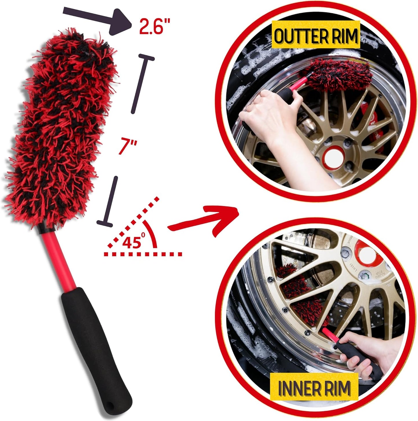 oesee Professional 4 Pack Long Handle Wheel Brush Kit for Cleaning Wheel and Tire- 2X Soft Wheel Cleaning Brush, Detailing Brush and Stiff Tire Brush, Bendable& Durable Wheel Rim Cleaner Brush Set