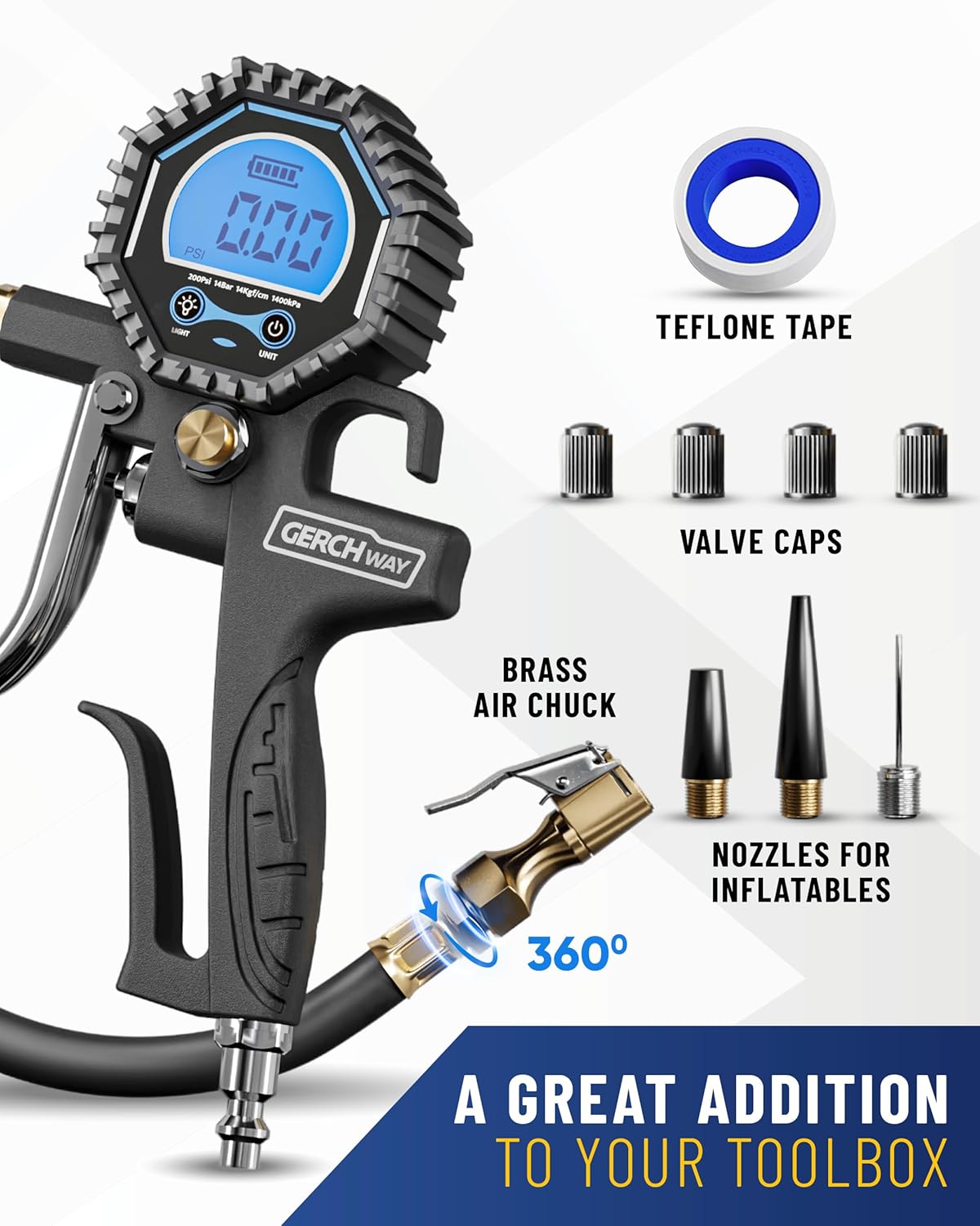 Tire Inflator with Pressure Gauge and Longer Hose - Most Accurate, Heavy Duty Air Chuck with Gauge for Air Compressor Tire Inflator Attachment - 100PSI