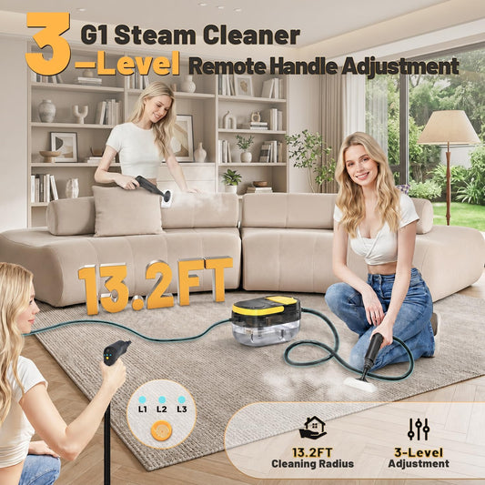 Gautye Steam Cleaner, 3 Level Adjustable Handle with 15 Accessories, Black | 15s Heat Up, 1.69 Quarts Tank, Handle Steam Cleaner for Home, Steamer for Cleaning for Kitchen, Grout, Dirt, Tile, Floor, Car