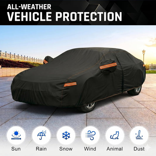 6 Layer Heavy Duty Car Cover Waterproof All Weather Protection with Cotton Liner, Full Exterior Outdoor Cover for Sun Rain Snow UV Protection, Fits Sedan 186-193 inchs