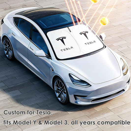 Windshield Sunshade for Tesla Model 3 & Model Y, Digital Printed Double-Sided Fabric Sun Visor, Silver Outside Black Inside UV Block Sunshade Compatible with 2017-2026 Model 3 2021-2026 Model Y