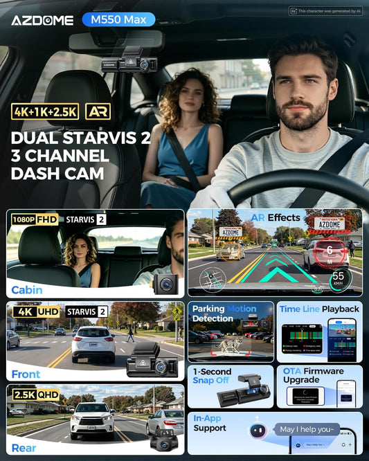AZDOME M550 Max 4K 3 Channel Dash Cam, Dual STARVIS 2 Sensors, 4K+2.5K+1080P Front and Rear Inside Triple Car Camera, Built-in WiFi GPS, 64GB Card Included, IR Night Vision, Ride Share Accessories