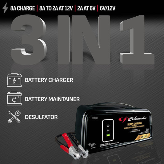 Schumacher Electric 8A Car Battery Charger and Maintainer, 3-in-1 Solution, for 6V/12V Power Sport, Automotive, and Marine Batteries, SC1363