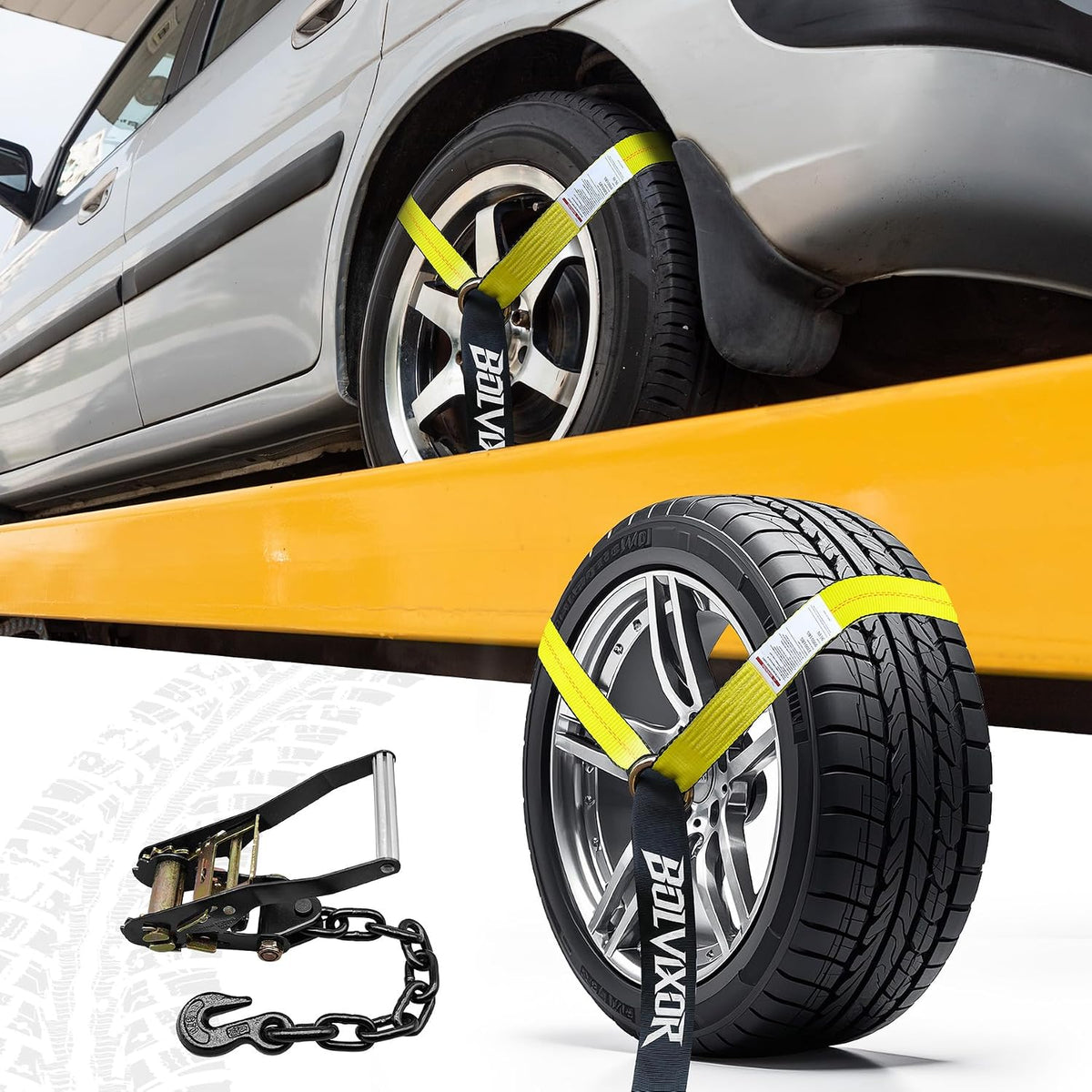 4 Pack Car Tie Down Straps for Trailers - 2" x 96" - 9900LBS Break Strength - Tire Ratchet Straps with Heavy Duty Chain Anchors for Hauling UTV, SUV, Truck, Any Cars