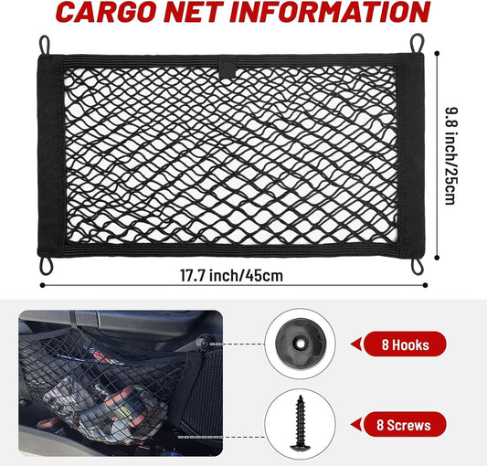 RED WOLF 2 Pcs Universal Cargo Net Pocket Elastic Mesh Netting Car Mesh Pouch for Trunk RV Boats Home Cargo Storage Mesh with Screws and Hooks (25.6'' x 9.8'')