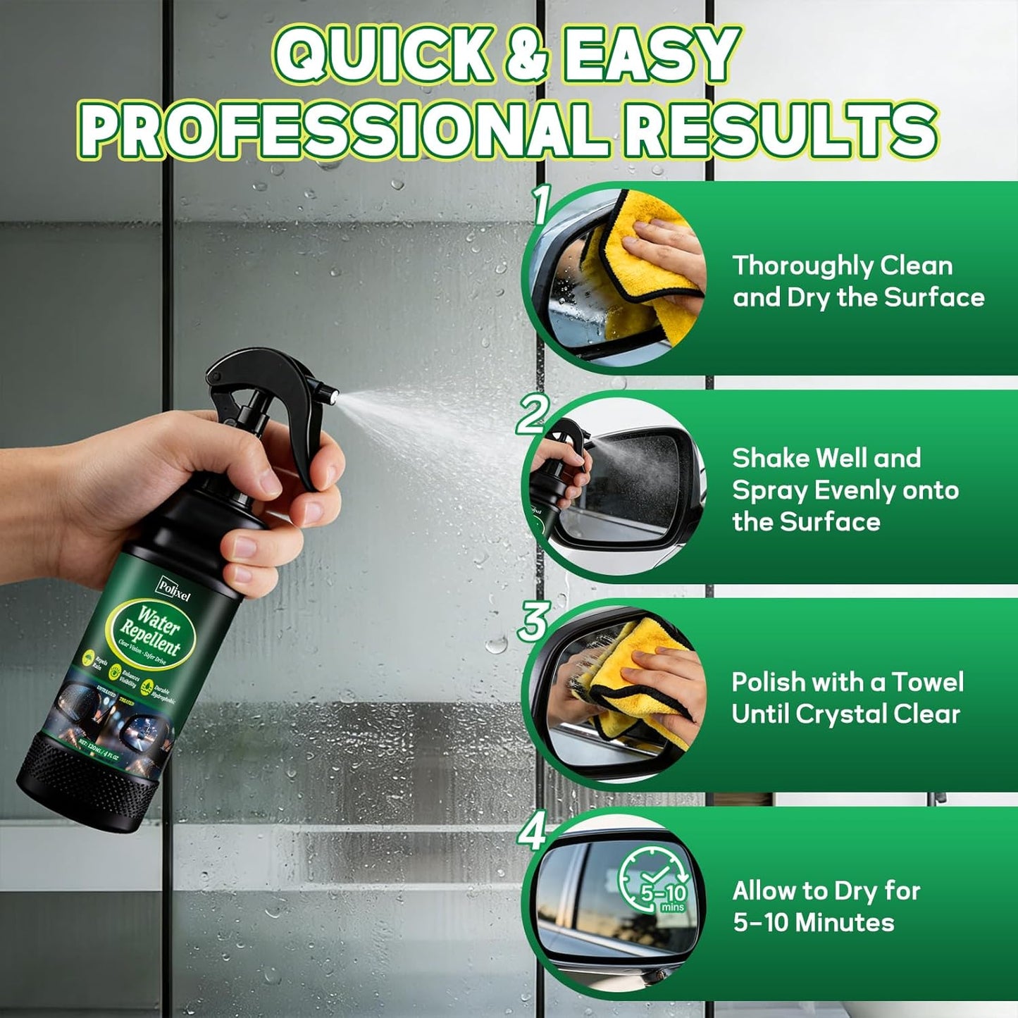 Water Repellent Spray for Car Windshield & Glass - Long Lasting Rain Repellent & Hydrophobic Coating for Windshield, Glass, Windows, Mirrors Prevents Streaks, Spots & Buildup - 4OZ/120ML