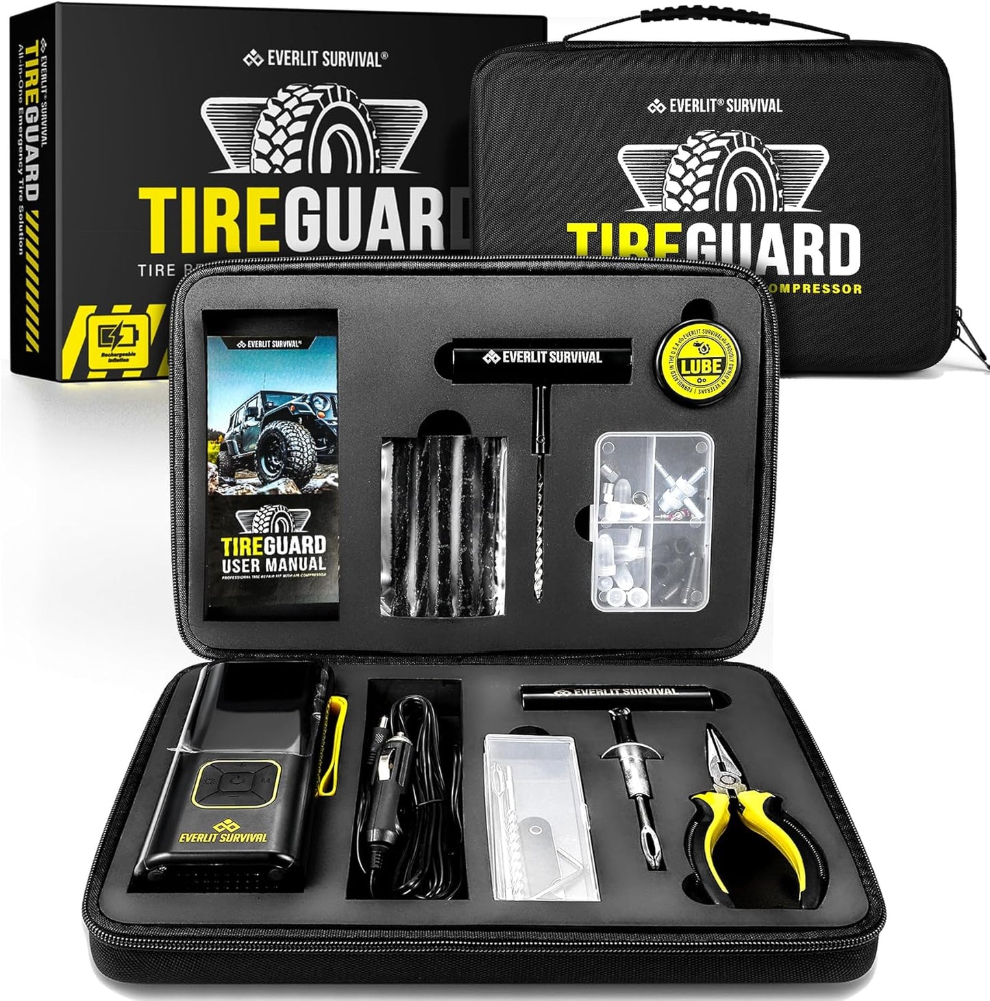 EVERLIT All-in-One Tire Repair Kit with Air Compressor – 150 PSI Portable Cordless Tire Inflator & Plug Kit – Flat Tire Emergency Roadside Kit for Car, SUV, Truck & Motorcycle Fast Repair & Inflation