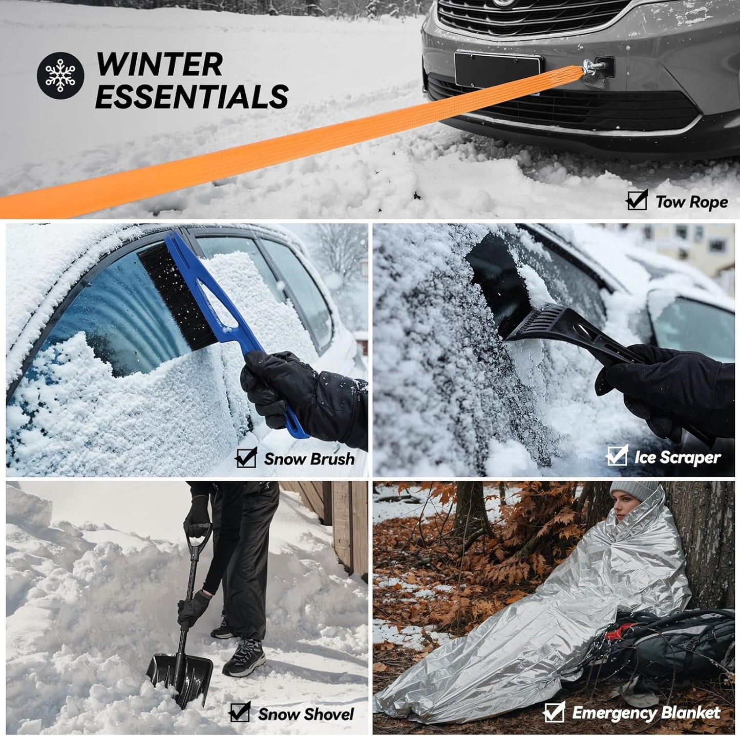 Car Emergency Safety Kit Bag with Digital Air Compressor,Jumper Cables,First Aid Kit, Winter Vehicle Roadside Safety Kit with Detachable Snow Shovel, for Women, Men, Teen