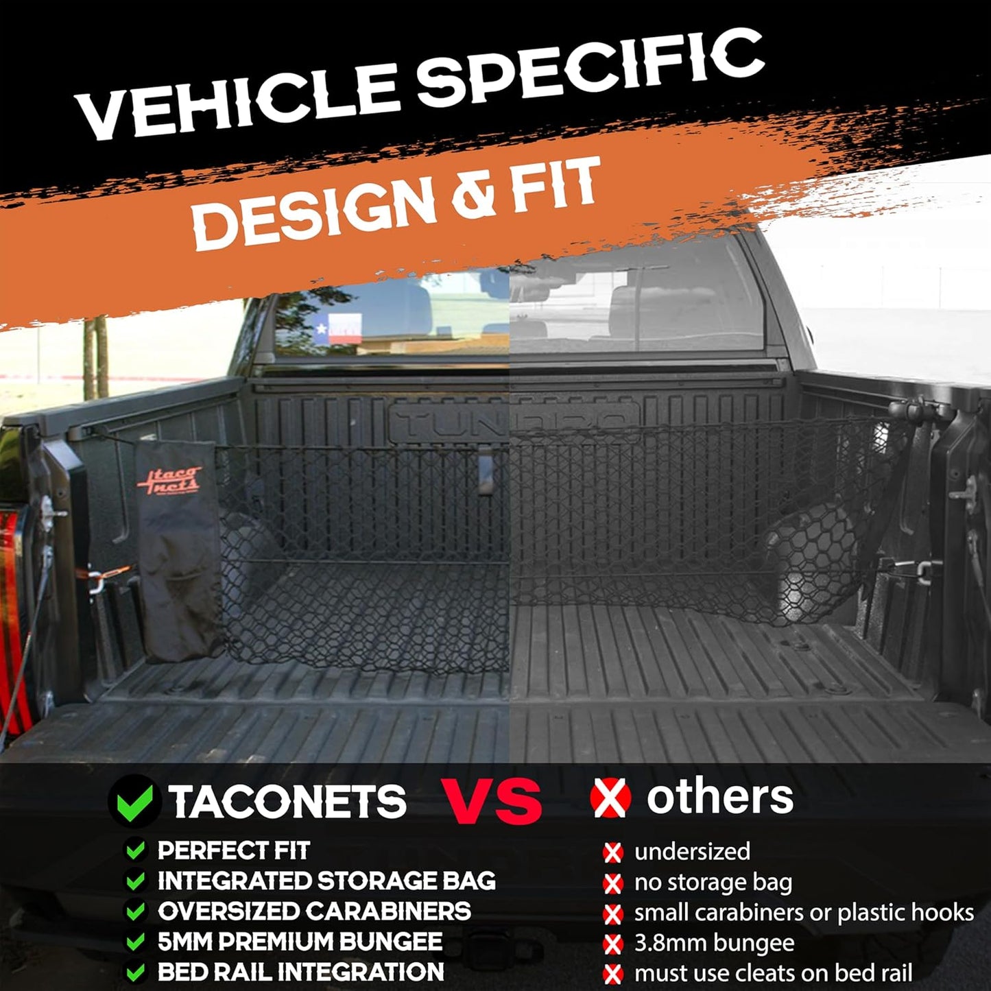 TacoNets Envelope Cargo Net for GMC Sierra & Chevy Silverado - Fits 2013-Current - Upgraded 5mm Bungee - Integrated Storage Bag - Heavy Duty Carabiners - Designed in USA