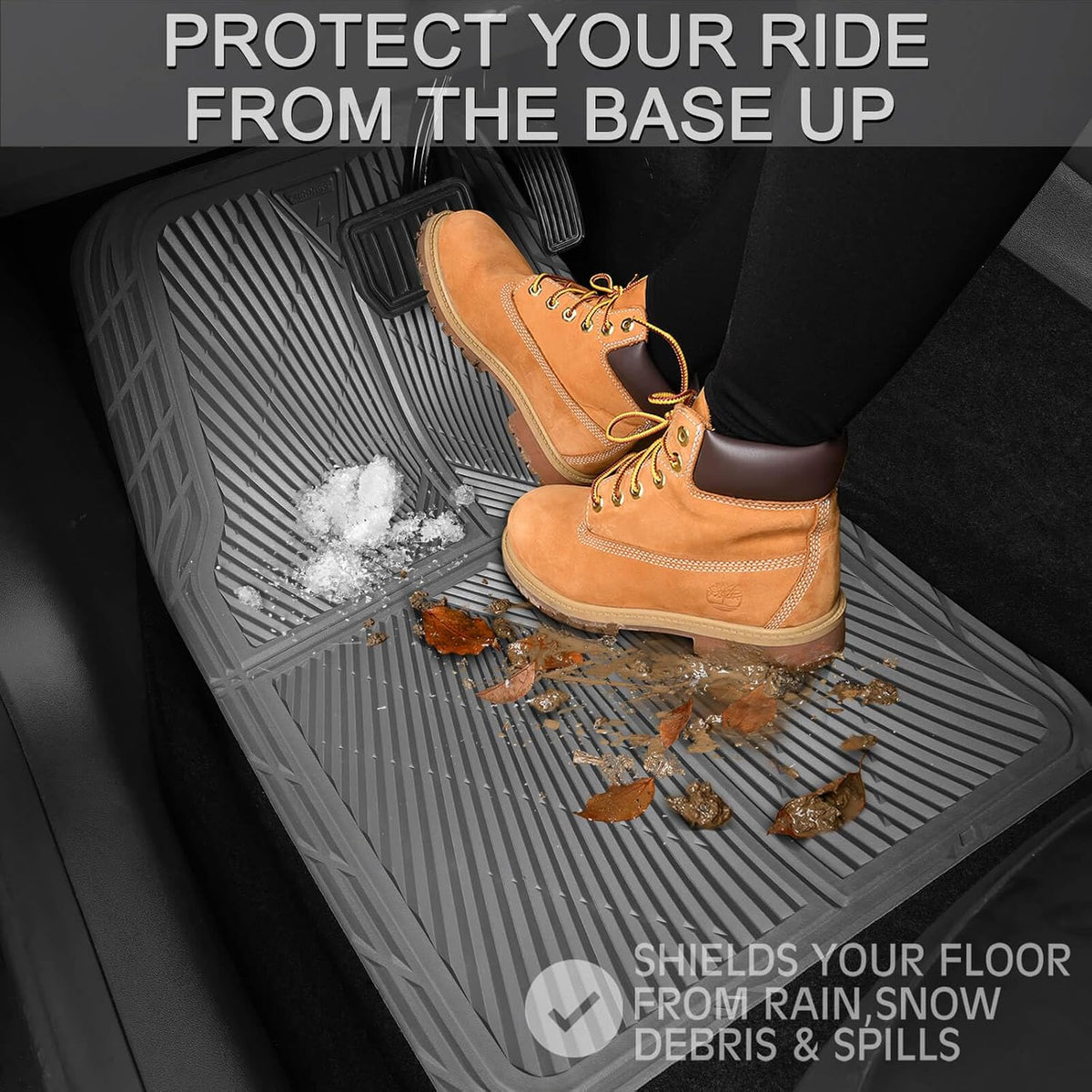CAR PASS Rubber Floor Mats, All Weather Waterproof Trim-to-Fit Automotive Mats for Cars Trucks SUV, Anti-Slip Easy Clean, Heavy Duty Full Set 3-Piece, All Black