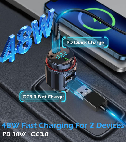 LIHAN Bluetooth 5.4 Car FM Transmitter,Wireless Radio Adapter with 48W(PD 30W USB-C & QC3.0) Fast Charging,Hands-Free Calls,HiFi Deep Bass,Siri/Google Assistant,Music Player for Cars/Trucks/Vans