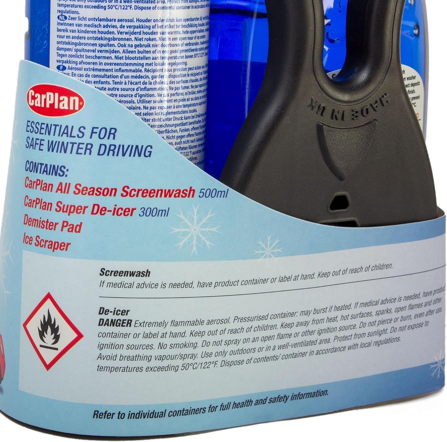 CarPlan Winter Essentials Kit, 4 Piece Set - Ice Scraper, De-Icer Spray, Windshield Washer Fluid & Window Demister Pad