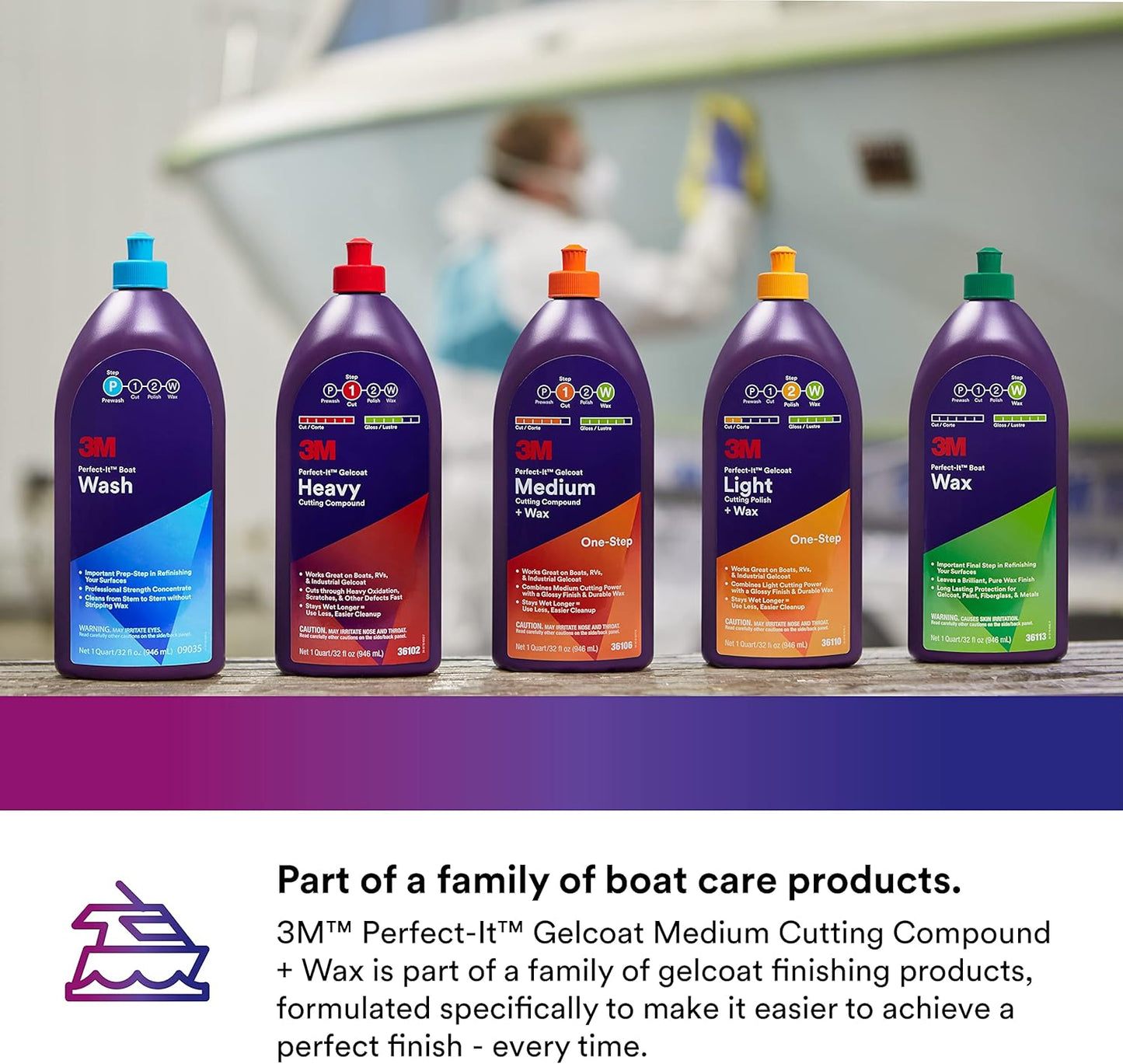 3M Perfect-It Gelcoat Medium Cutting Compound + Wax, 36106, 1 Quart, One-Step Process, P1500 and Finer Scratches, Fiberglass Oxidation Remover for Boats and RVs