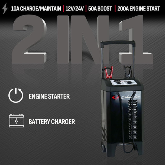 Schumacher Electric Wheeled Manual 10A Car Battery Charger and 200A Engine Starter, 2-in-1 Solution, 50A Boost, for 12V/24V Power Sport, Automotive, and Marine Batteries, SC1633