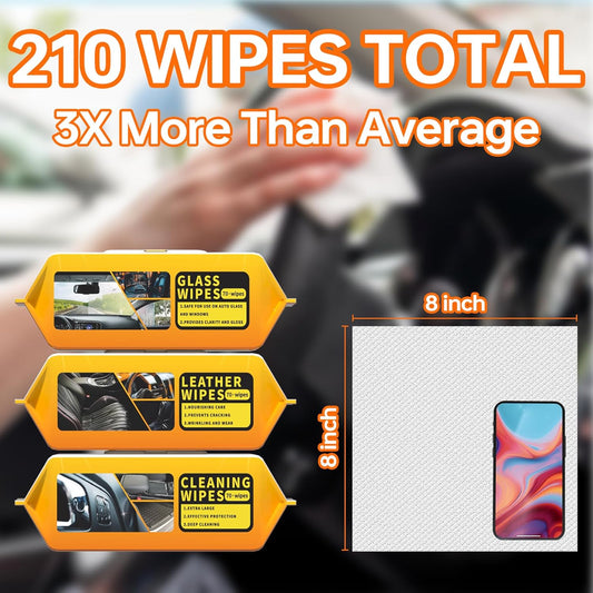 Car Wipes Extra Large 8" x 8" Wipes for Car Interior, Glass, Leather & Multi-Surface Cleaning for Cars, Trucks, SUVs, Motorcycles 70 Count Each (Pack of 3)