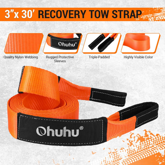 Ohuhu Heavy Duty Tow Straps Recovery Kit 3" x 30ft, 31,944 lbs Break Strength, Triple Reinforced Loop, Protective Sleeves, Tow Strap Heavy Duty with 3/4" D-Ring Shackles for Truck, Jeep, SUV, ATV