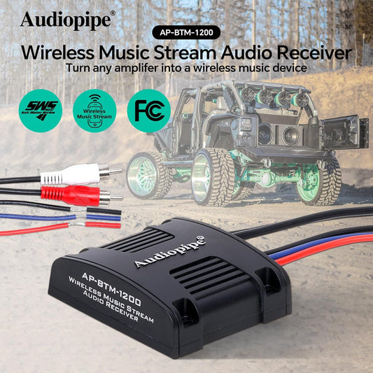 Audiopipe Marine Wireless Music Stream Audio Receiver (AP-BTM-1200), Blutooth 5.0 Adaptor, RCA Stereo Outputs, Perfect for Marine, ATV, UTV, Golf Car, Home Music