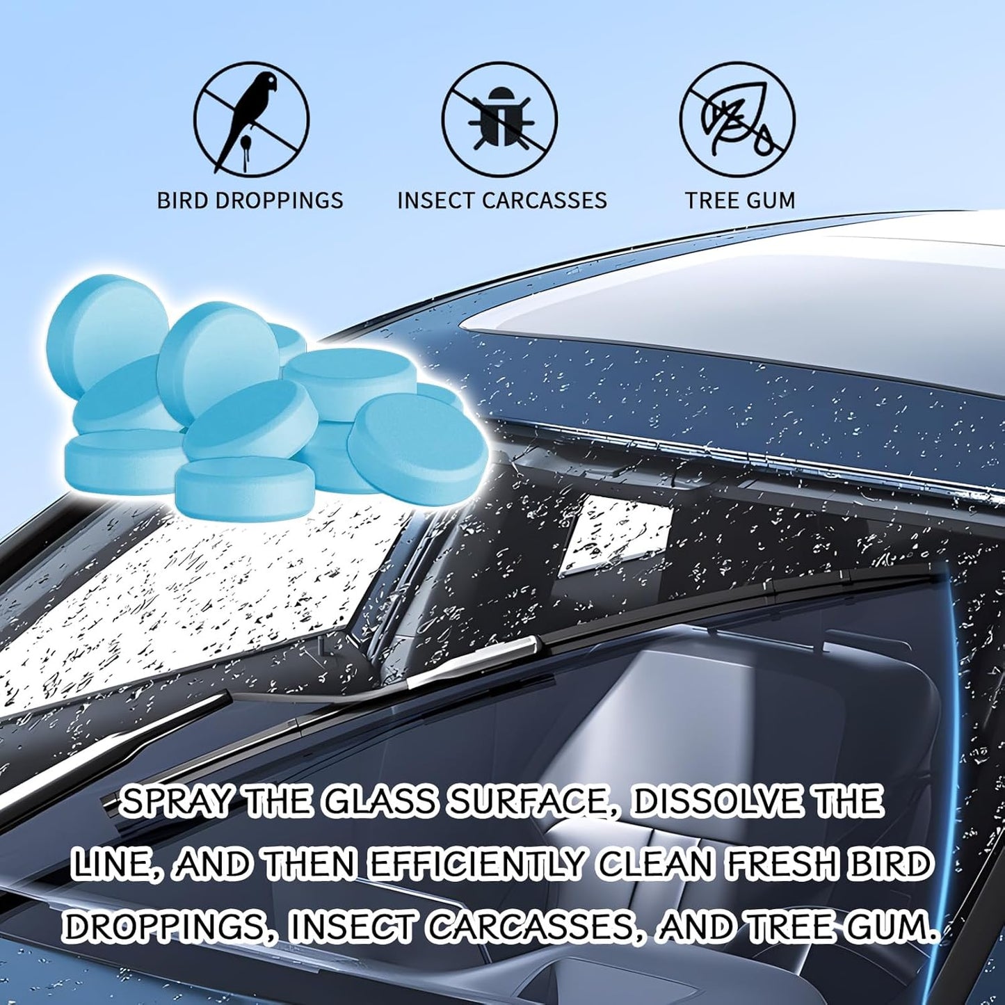30PCS Washer Fluid Tablets, Windshield Wiper Fluid Cleaner Concentrate, Car Windshield Window Washer Solid Effervescent, Remove Glass Stains for Car Room Kitchen Window Glass Cleaning