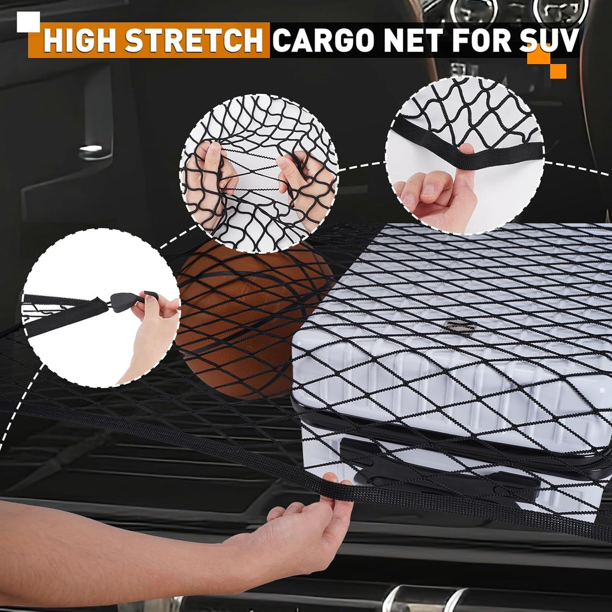 Elastic Cargo Net for SUV,Universal Truck Net Organizer with Storage Bag,32"x24" Stretch to 56"x42" Small Cargo NetBungee Mesh Cargo Hold for Car,Truck,Pickup,RV,Road Trip Essentials