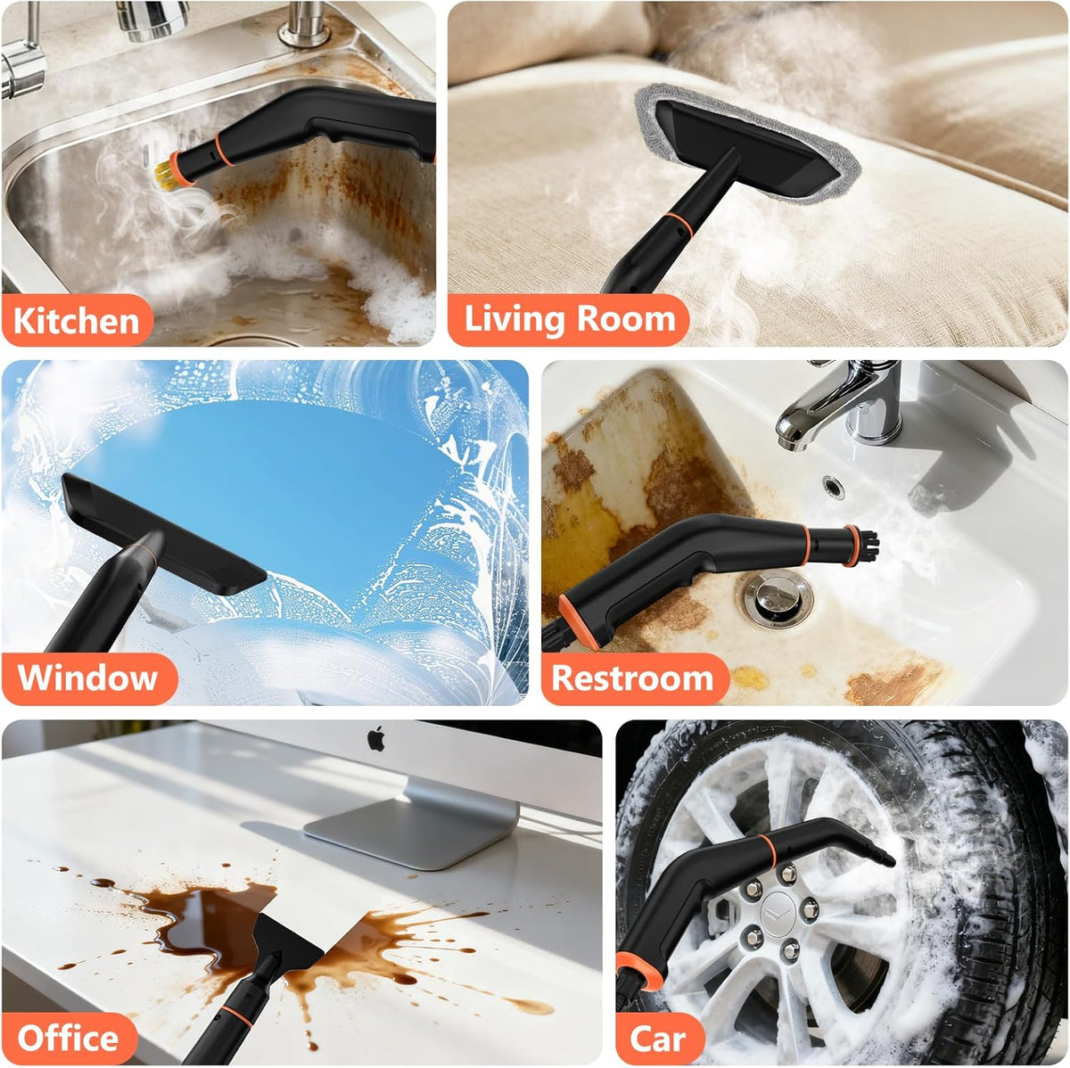 Steam Cleaner, Portable Steamer for Cleaning with 16pcs Accessories, 6-Level Adjustable and 15s Heat-Up, Handheld Steam Cleaner for Home, Tile, Dirt, Grout, Grease, Car Detailing