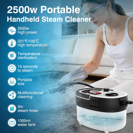 Steam Cleaner for Home & Car Detailing, 2500W High Pressure Portable Steamer with 6-Level Adjustable Steam, 15s Heat-Up, 9.8ft Long Hose, ANSI Z87.1 Goggles, 17-Pcs Kit for Tile, Grout, Hardwood
