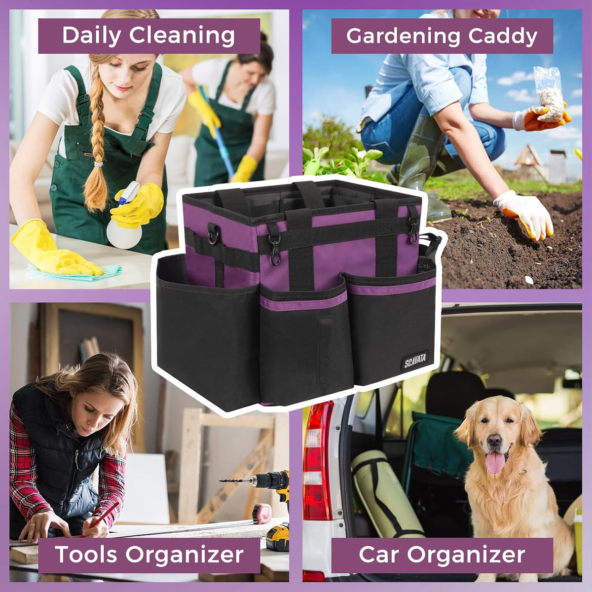 SCAVATA Compact Wearable Cleaning Caddy, Small Supplies Organizer with Handle & Shoulder Straps for Housekeepers, Under Sink & Car Cleaning Tool Organizer Bag (Black)