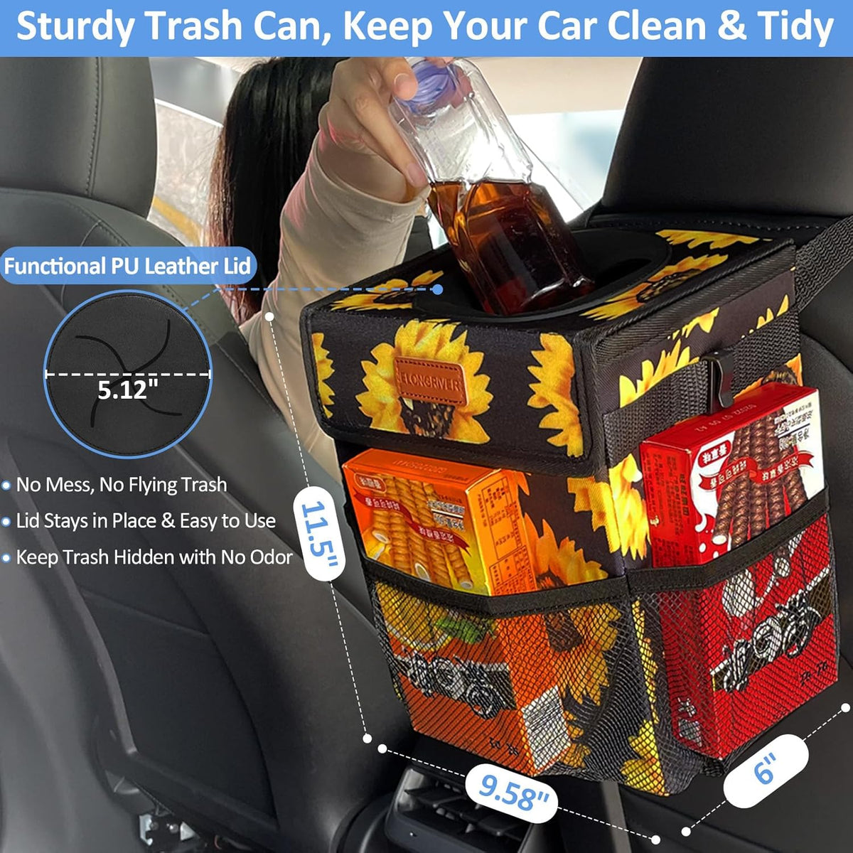 ELONGRIVER Car Trash Can Bin for Back Seat Leak Proof, Cute Car Trash Bag Hanging, Vehicle Trash Can for SUV Truck Van, Automotive Garbage Cans Front Seat Black