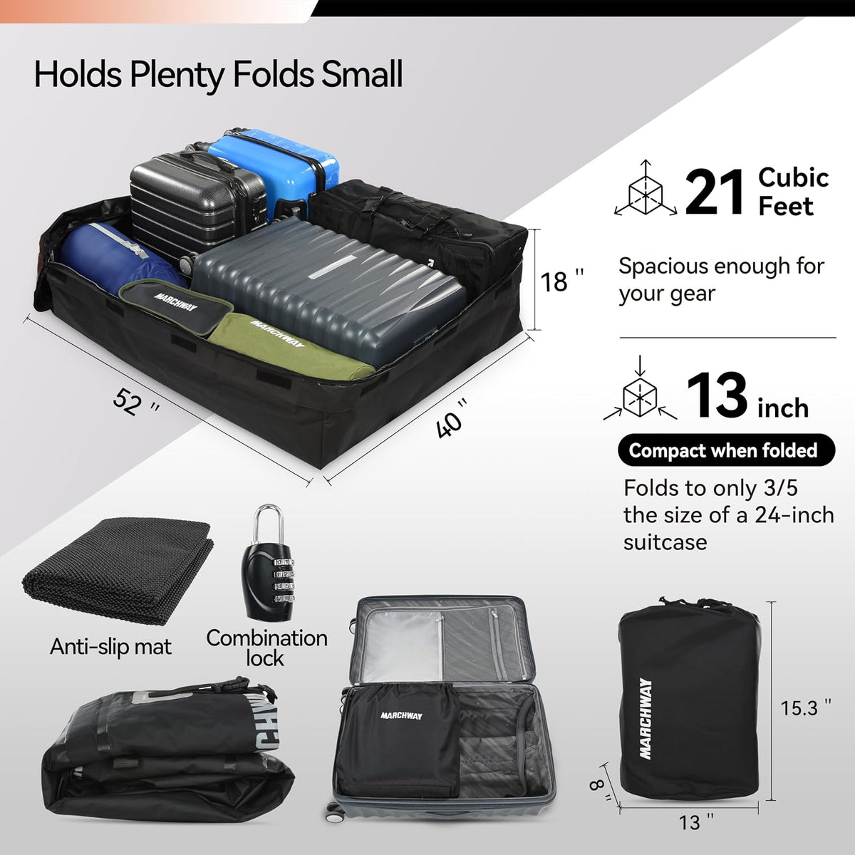 MARCHWAY Waterproof Car Roof Luggage Bag, Weatherproof Soft Shell Rooftop Cargo Carrier Bag for Vehicles with or Without Rack. 6 Door Hooks, Anti Slip Mat, Lock Included (21 Cubic Feet, Black)