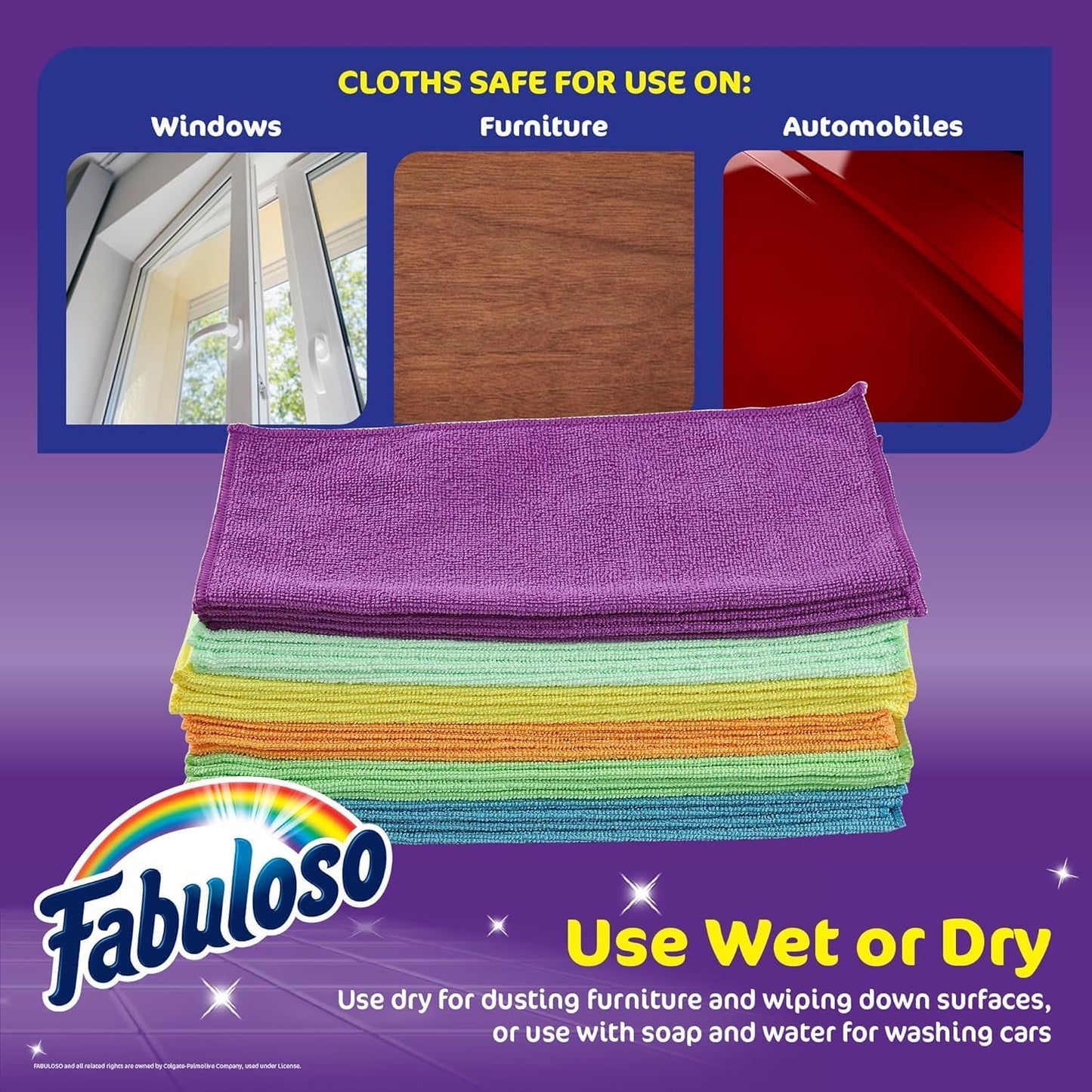 Fabuloso Microfiber Cleaning Cloths for Home & Car, Lint-Free Scratch-Free Rags for Glass, Kitchen & Wood, Reusable Machine Washable, Absorbent for Dusting & Wiping, Rainbow, 13 x 13 in, 8 Count