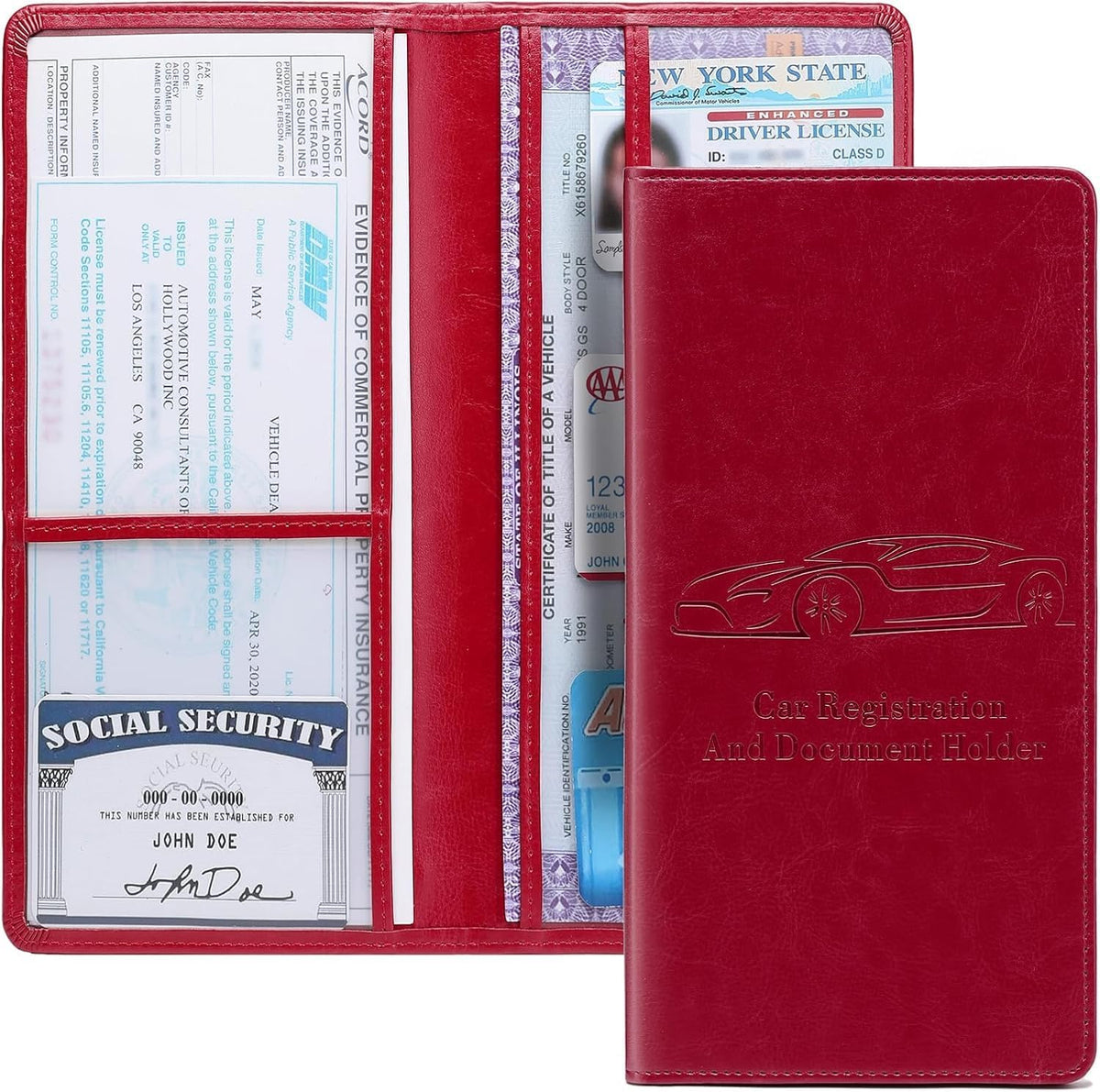 Car Registration and Insurance Card Holder for Women Men, Orange Glove Box Paperwork Organizer with Magnetic Buckle for Easy Access and Protect Documents and Various Cards in Vehicle