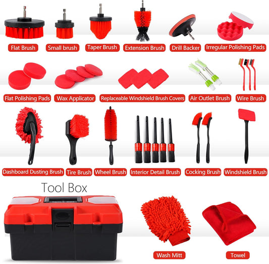 35Pcs Car Detailing Kit & Car Cleaning Kit – Windshield Tool, Long Wheel Brush & 2 Angled Brushes, 4 Polishing Pads & 4 Wax Pads – Red Tool Box – Gift for Men (B:35PCS-R)