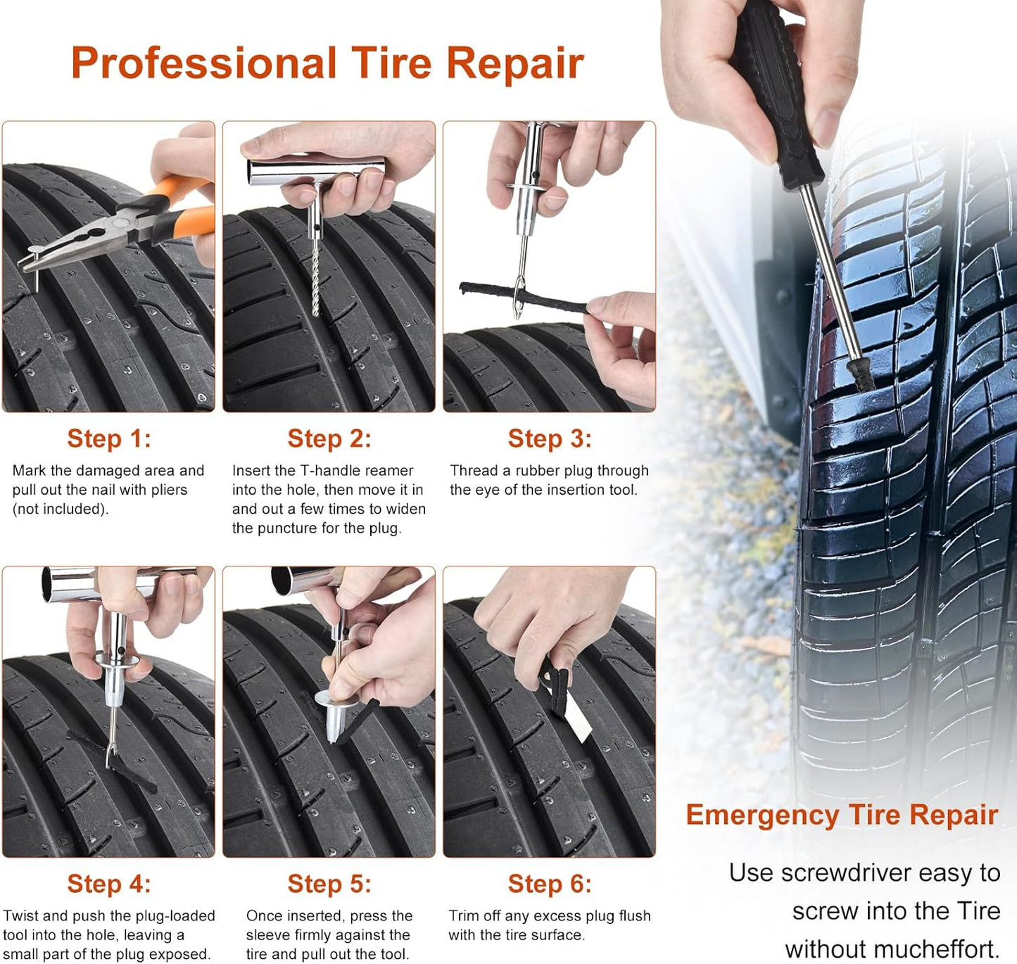 Tire Repair Kit with Tire Plug & Rubber Nail Solutions, Tire Screw Plug Kit with Screwdriver, Professional Heavy Duty Emergency Flat Tire Repair for Car, Truck, Motorcycle, Tractor, Mower, Wheelbarrow