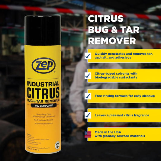 Zep Industrial Citrus Bug and Tar Remover - (Pack of 1) L93321 - Heavy Duty Adhesive Remover, No Chlorinated or Petroleum Solvents, Rinses Clean, Fresh Citrus Scent