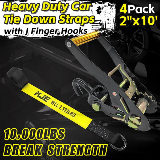 KJE 4 Pack Car Tie Down Straps for Trailers - Lasso Style Tire Ratchet Strap with J Finger Hooks - 2" x 10' 10,000LBS Break Strength - Wheel Straps for Hauling UTV, SUV, Truck, Any Cars