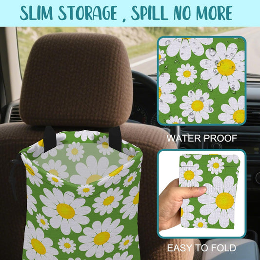 Car Garbage Bag Colorful Floral Spring Daisy Drawstring Car Trash Bag Hanging for Back Seat with Adjustable Buckle Canvas Vehicle Trash Can Easy-to-Install