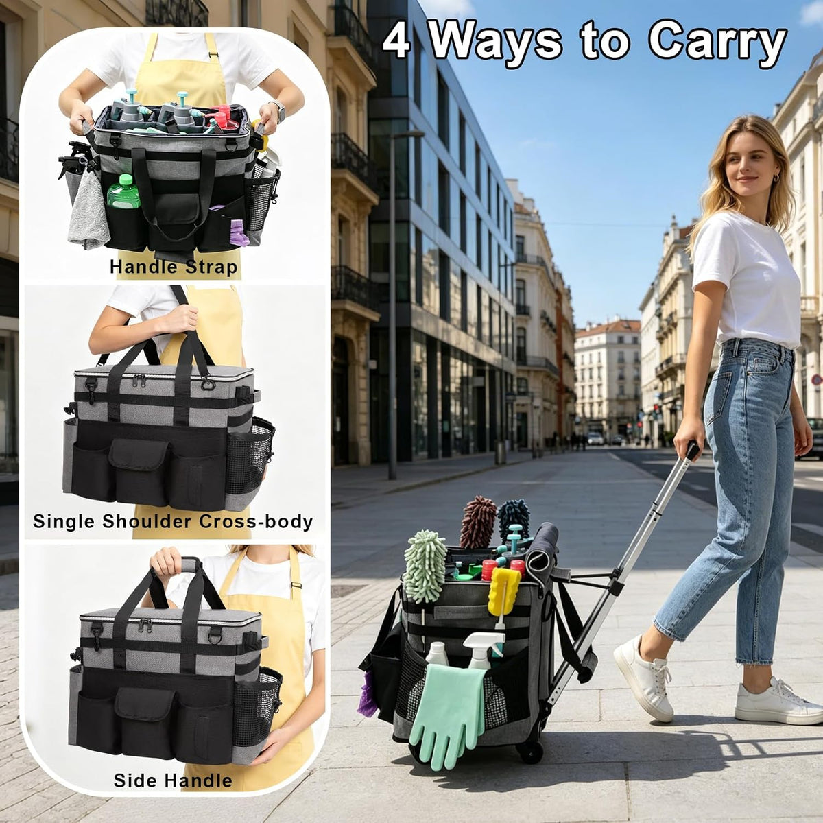 Wearable Large Cleaning Caddy Bag for Housekeeper, Clean Supply Organizer with Adjustable Shoulder, Waist & Handle Straps, Detailing Bag for Kitchen Supplies (Black)