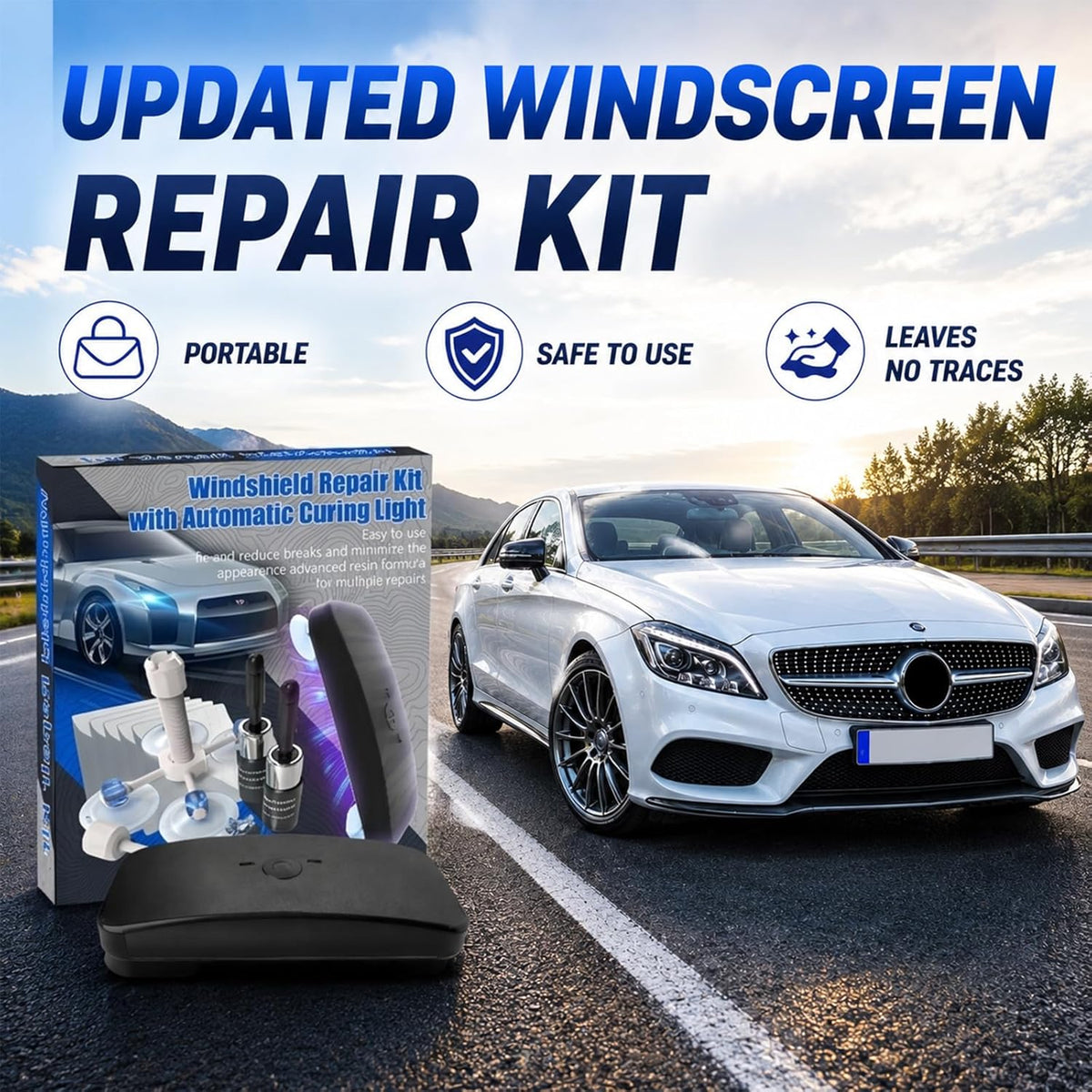 Windshield Repair Kit, Windshield Chip Repair Kit, 2 Pack Automotive Glass Crack Repair Tool with Suction Cup & UV Curing Light, Nano Fluid Windscreen Repair Set, Windshield Repair Kit(Lightblue)
