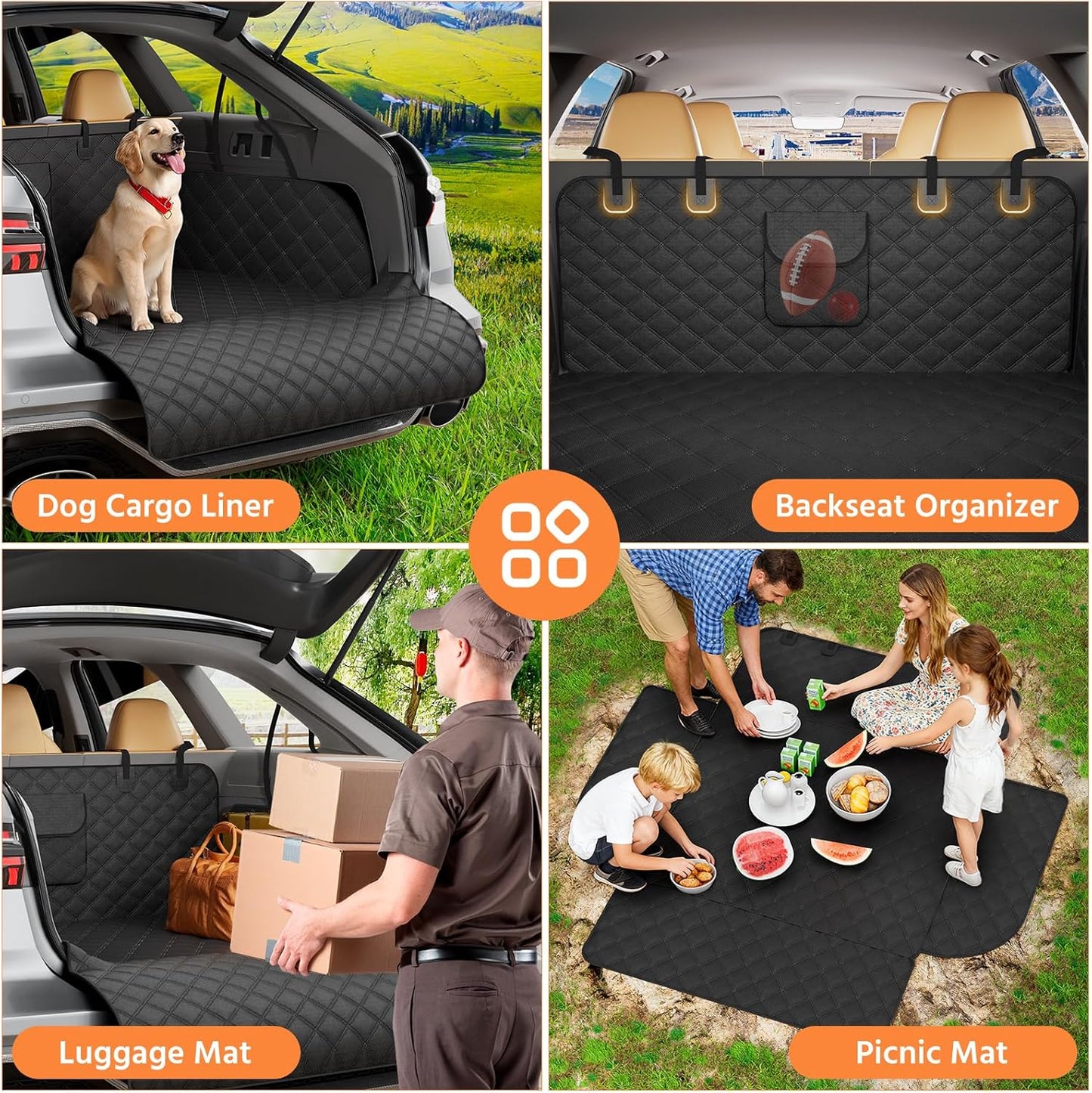 Simple Trending SUV Cargo Liner for Dogs, Waterproof Dog Car Seat Cover Mat for SUVs Sedans Vans, Universal Fit Pet Trunk Cover with Non-Slip Bumper Flap Protector, Black