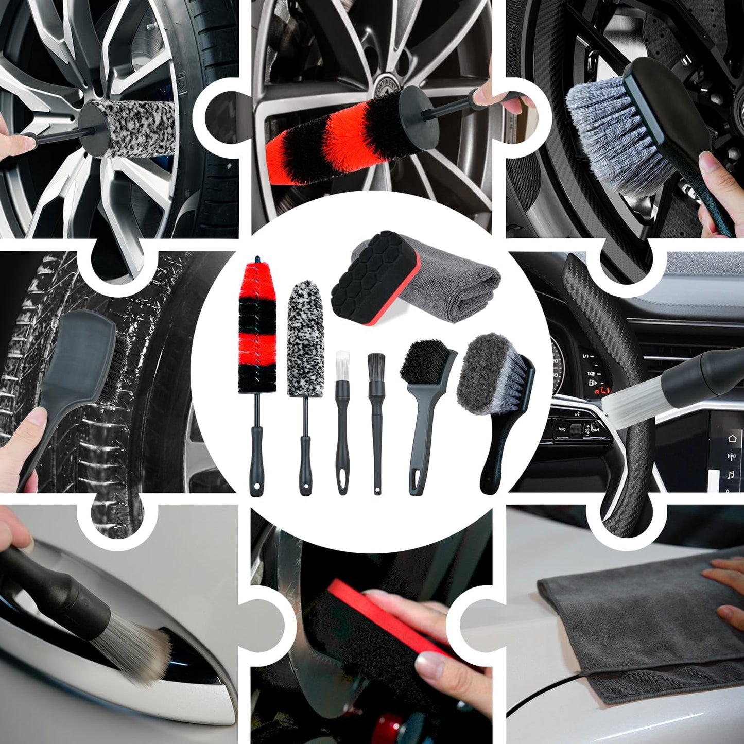 9Pcs Car Wheel Detailing Brush Kit – Scratch-Free Rim & Tire Cleaner Brushes with Tire Shine Pad, Microfiber Towel & Bag – Heavy-Duty Auto Detailing Tools for Cars, Trucks, RVs & Motorcycles