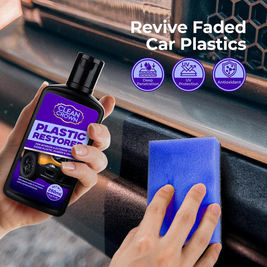 Plastic Restorer for Cars (8.45 fl oz), User Friendly Car Trim Restorer, Quick Plastic Trim Restorer with Free Sponge Applicator, Restores Faded Car Plastics, Bumpers & Against UV Rays