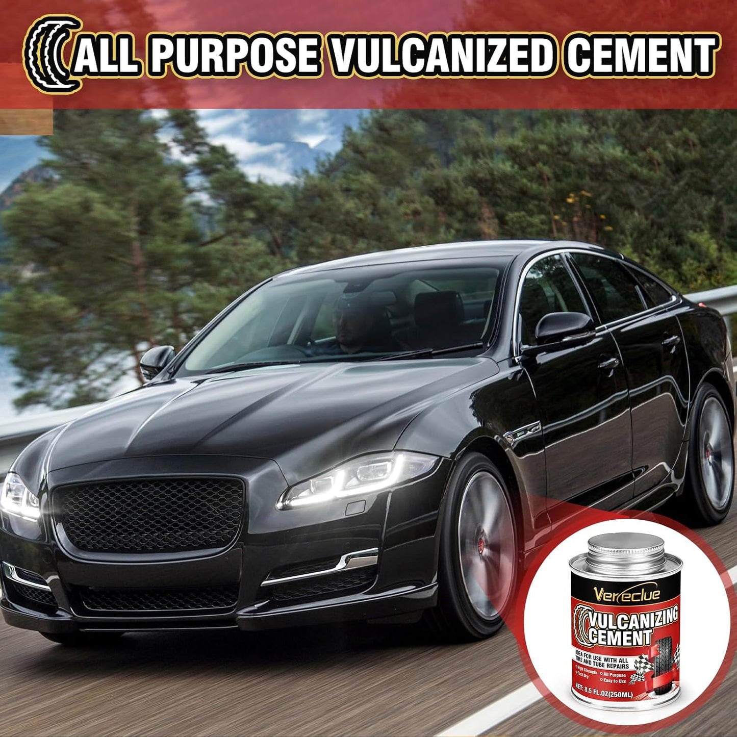 Chemical Vulcanizing Cement, Clear Tire Repair Glue, All Purpose Rubber Cement, Heavy Duty Tire Patch Kit with Brush Top Can for Car, Motorcycle, Bike, 8.5Oz