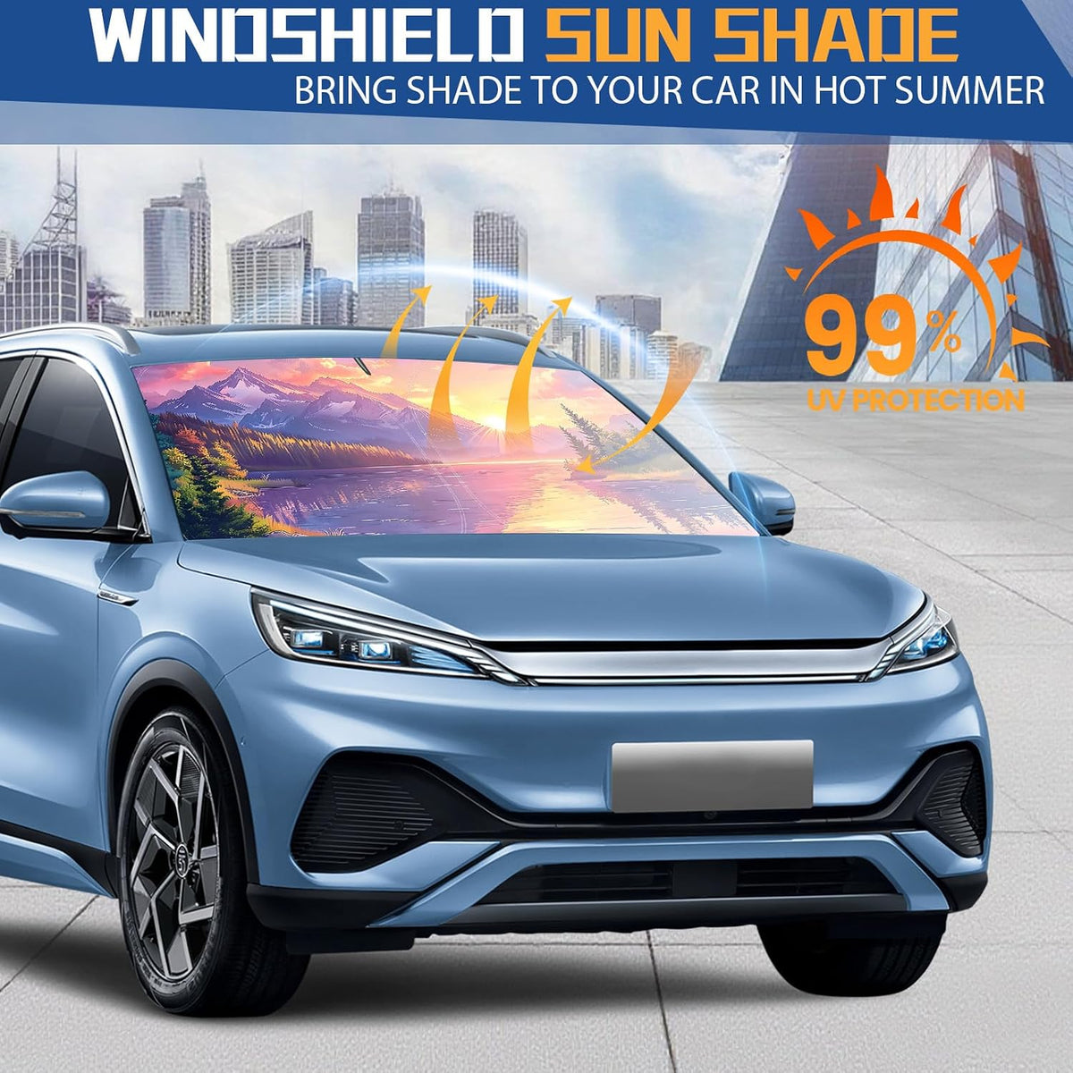 Fauson Car Windshield Sun Shade for Sedans, SUVs & Trucks Reflective UV Block Sunshade Visor Shield Foldable with Storage Bag Blocks Sun Heat to Keep Car Interior Cool, Front Window - L 57 x 32 W