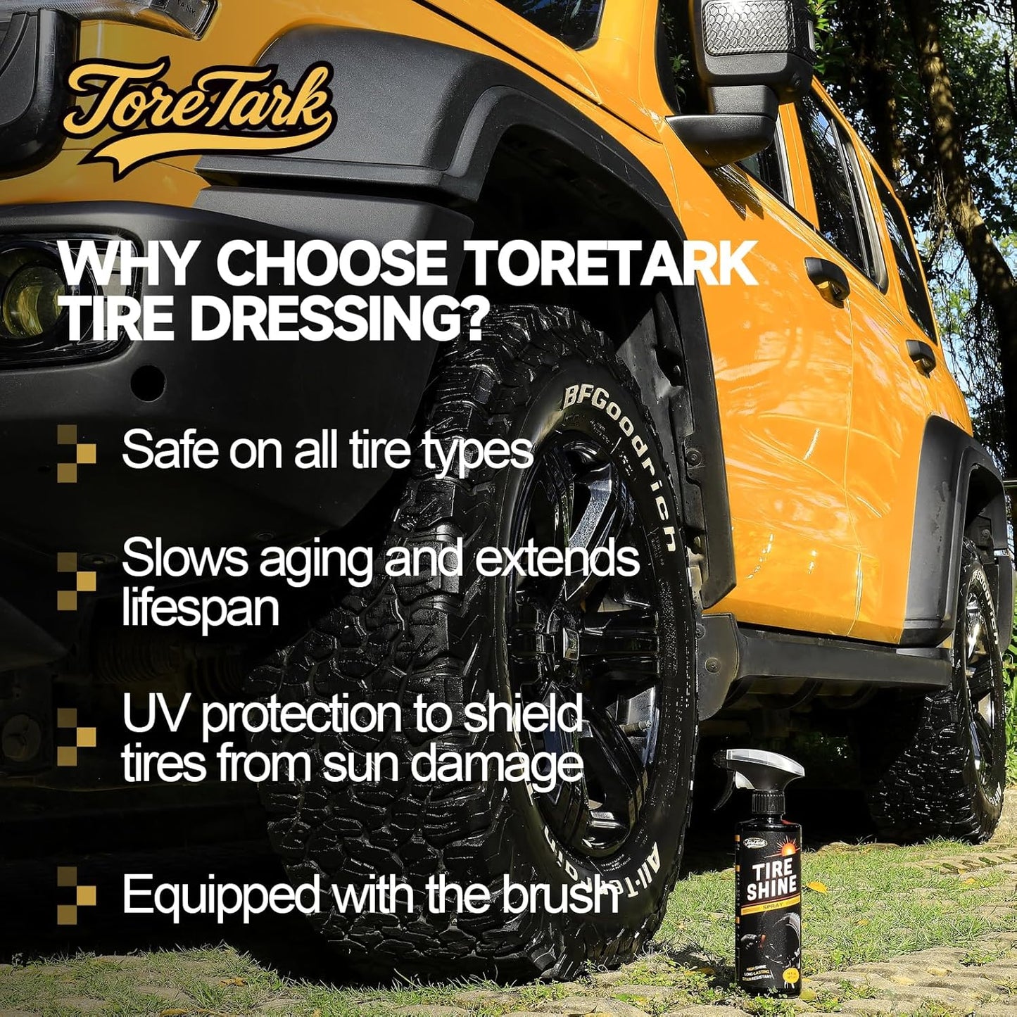 toretark Ceramic Tire Shine Spray — High-Gloss Wet Look Tire Coating with Ultra-Dense Nylon Brush Applicator, UV Protection, Long-Lasting Shine for Car Truck RV Motorcycle (16 Fl Oz)