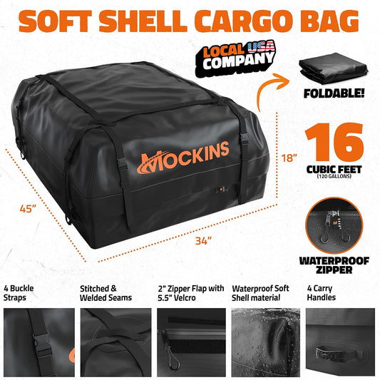 Mockins 16 Cu Ft Weatherproof No Rack Rooftop Cargo Carrier Bag 45"x34"x18" | Rooftop Cargo Bag for Top of Car | Car Topper Luggage Carrier Waterproof Set w/ Accessories | Vehicle Soft-Shell Carriers