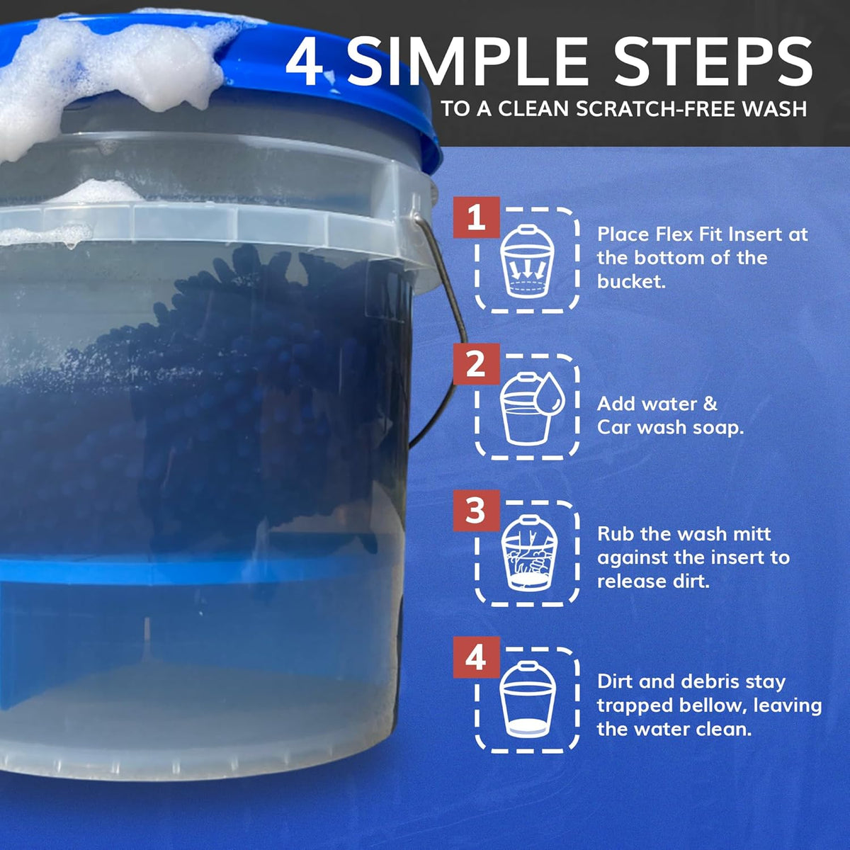 Grit Guard Flex Fit Bucket Insert - Removes Dirt from Wash Mitt for Car Detailing, 10” Diameter, 4 Self-Adjusting Tabs, Fits Car Wash Buckets from Auto Part Stores - Made in the USA