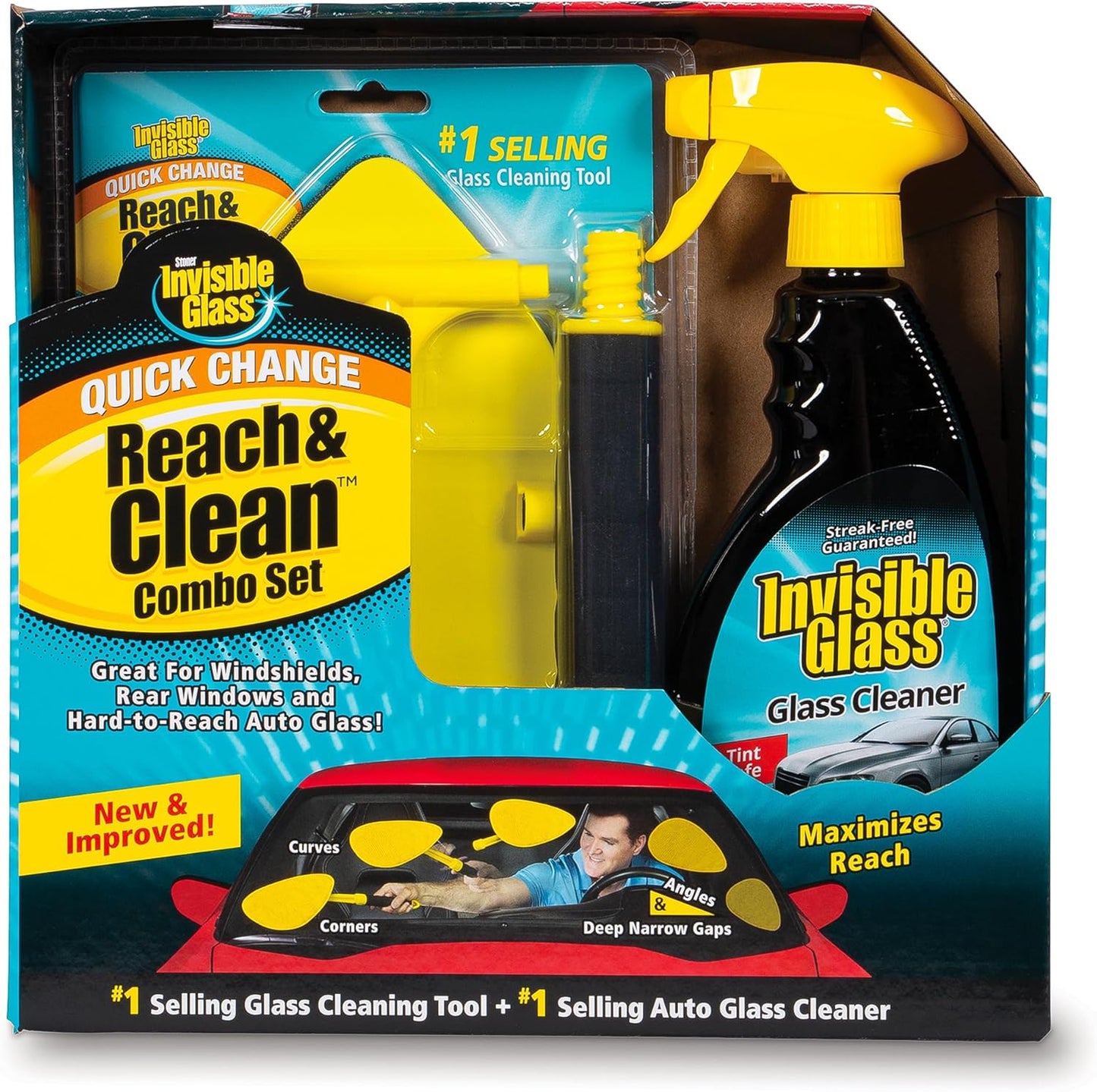 Invisible Glass 99031 Reach & Clean Glass Windshield Cleaner Tool Combo Kit With Premium Aerosol Glass Cleaner, Extendable Handle, (2) Reusable Quick Change Microfibers, and Storage Bag