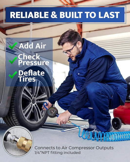 GERCHWAY Tire Inflator with Pressure Gauge and Longer Hose - Most Accurate, Heavy Duty Air Chuck with Gauge for Air Compressor Tire Inflator Attachment - 100PSI