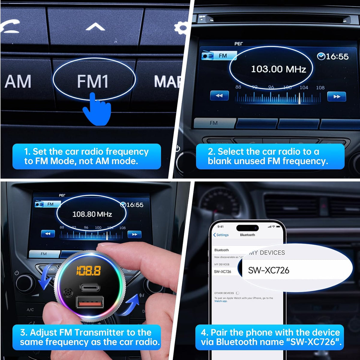 Syncwire Bluetooth 5.4 FM Transmitter for Car, 38W PD&QC3.0 Dual USB Charging Bluetooth Car Adapter Microphone & Bass Sound MP3 Music Player FM Kit with Hands-Free Calling